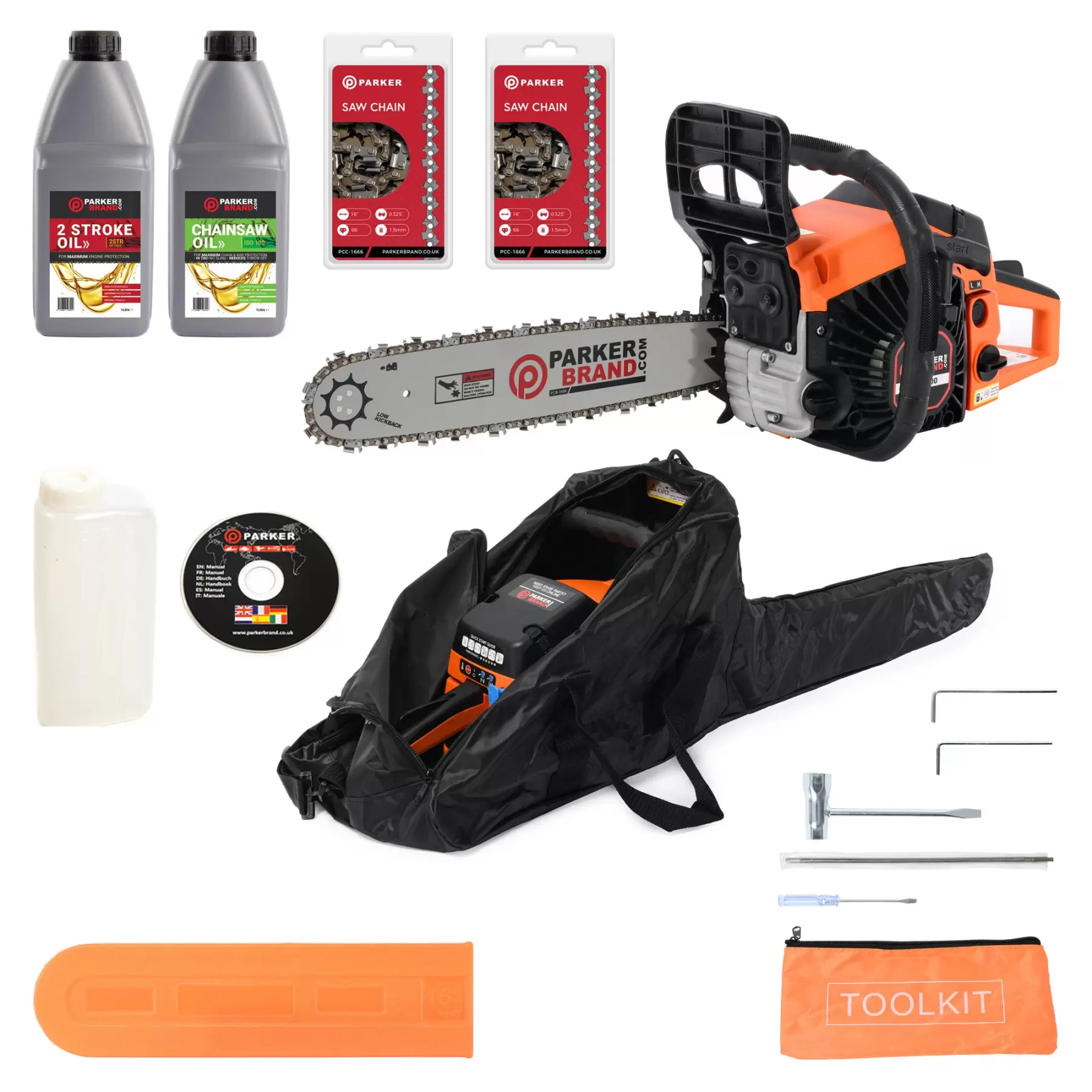 45cc 16" Petrol Chainsaw + 2 x Chains + Oils + More 45cc 16" Petrol Chainsaw + 2 x Chains + Oils + More