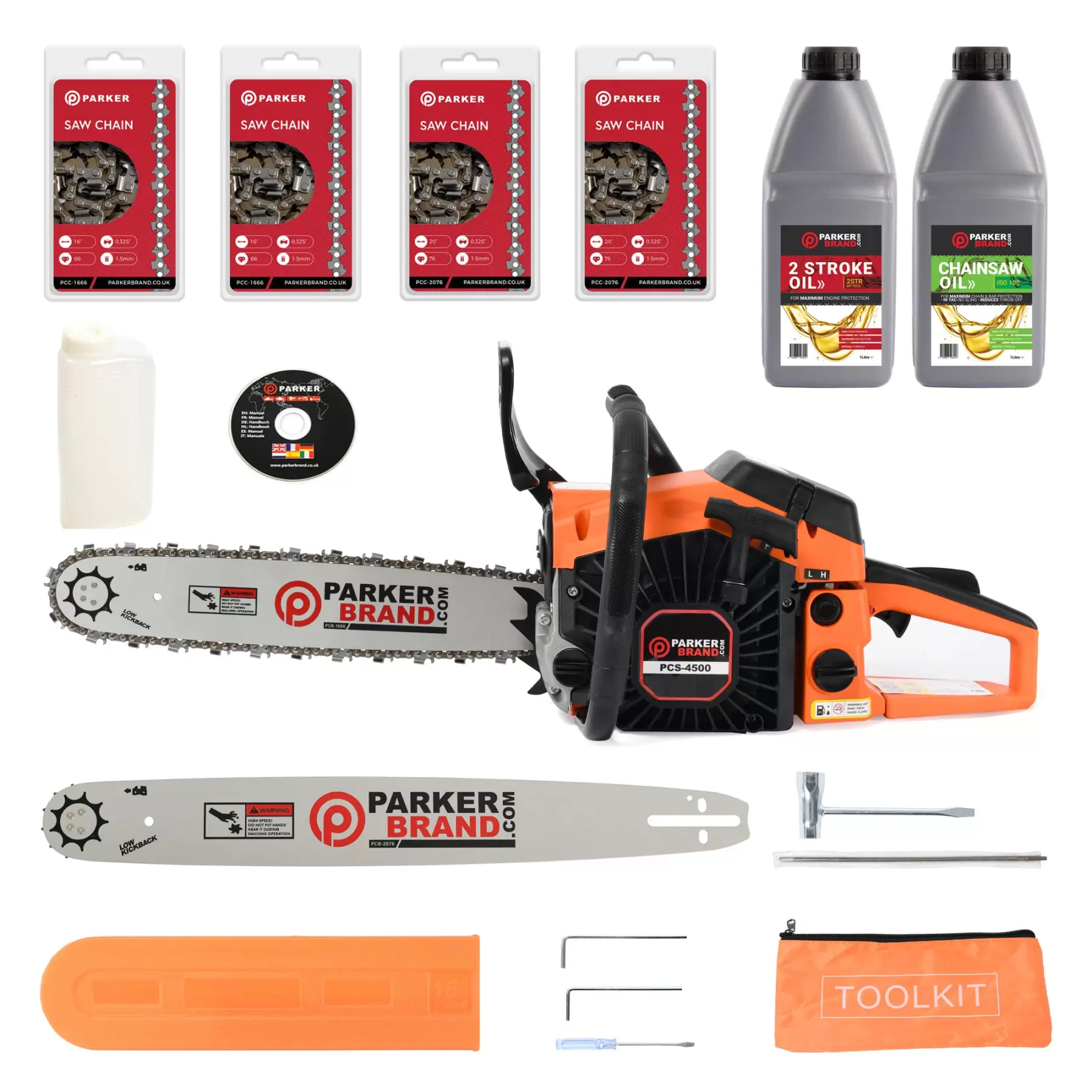 45cc Petrol Chainsaw Pack + 16" Bar & 2 x Chains + 20" Bar & 2 x Chains + Oils + More! 45cc Petrol Chainsaw Pack + 16" Bar & 2 x Chains + 20" Bar & 2 x Chains + Oils + More!